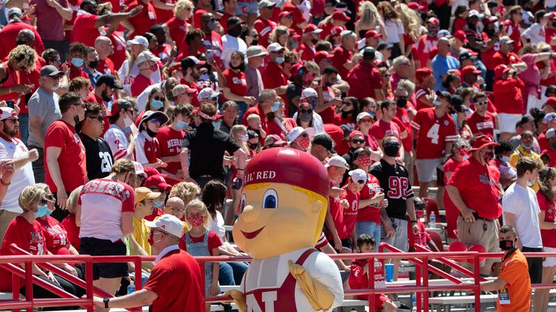 Husker fans in the stands at Memorial Stadium