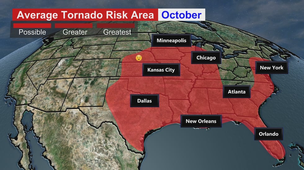 Tornadoes in October can occur as far north as portions of the Midwest