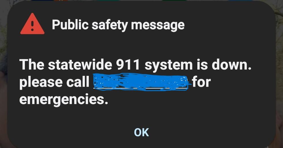 Alert notifying the 911 system is down statewide.