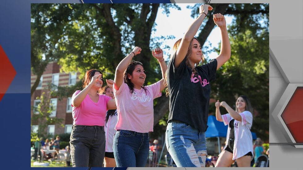 Brittany Chavez, front right, and other members of the Sigma Lambda Gamma sorority perform...