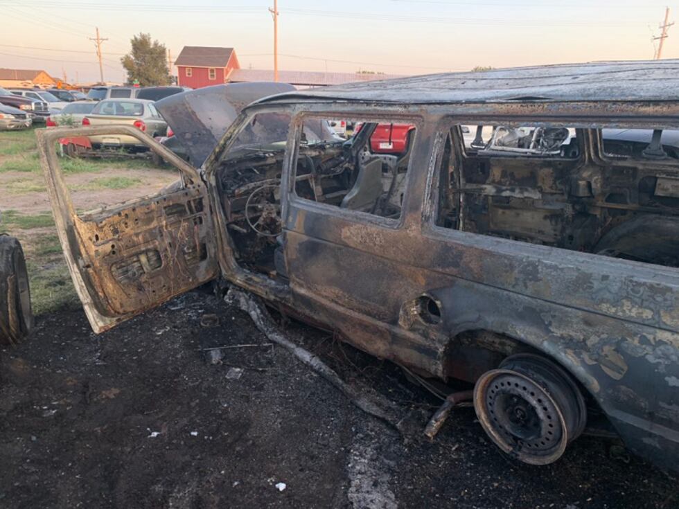 A vehicle severely damaged following a fire Sunday night in the 400 block of St. Paul Road in...