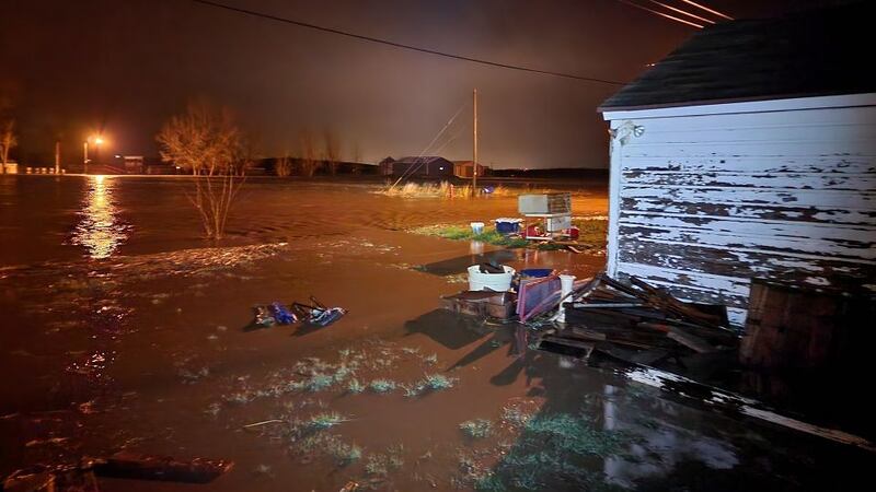Photo taken April 28, 2022 in Platte Center, Nebraska. The street light in the distance is...