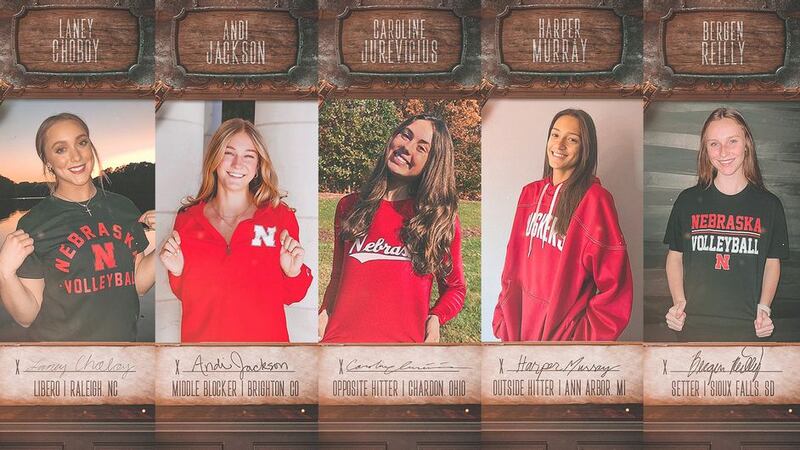 The 2023 signing class includes (L-R): libero Laney Choboy (No. 5 overall), middle blocker...