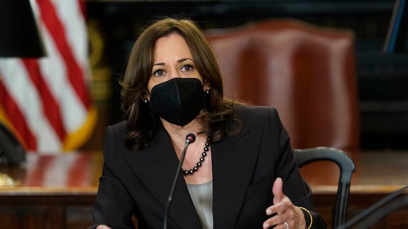 FILE - Vice President Kamala Harris speaks during a Cabinet meeting at the White House complex...