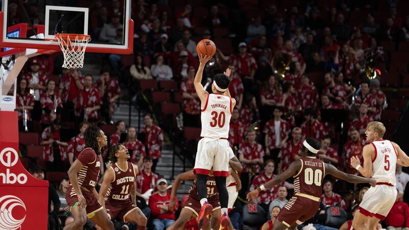 Nebraska guard Keisei Tominaga puts up a jump shot during the Huskers' 88-67 win over Boston...